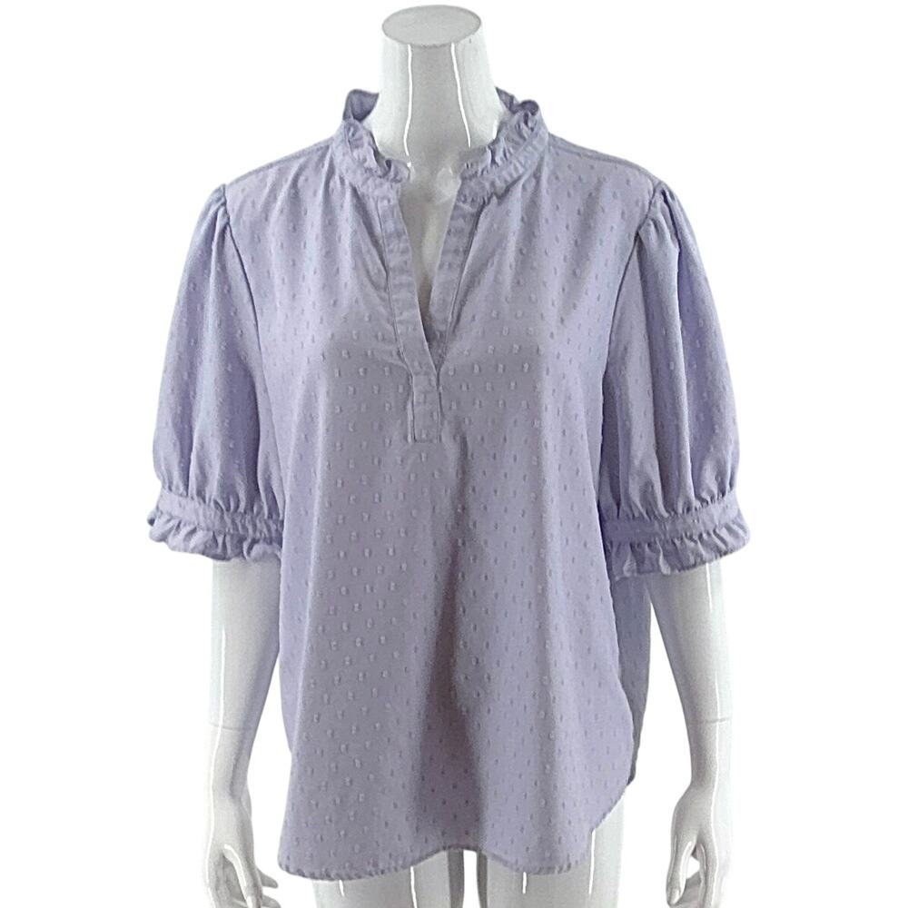 Ann Taylor Womens Top Size XL Lavender Purple Swiss Dot Puff Shoulder V Neck